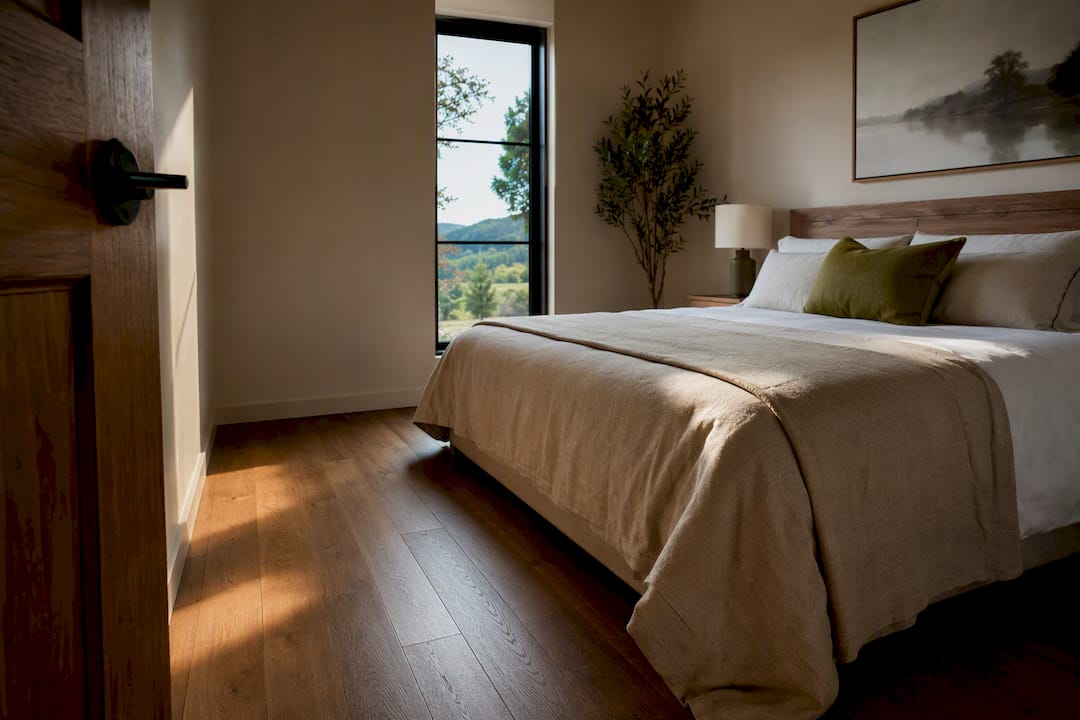 Straightened vacation rental bedroom with clear vertical lines