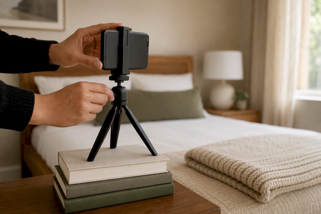 Phone on tripod capturing rental bedroom