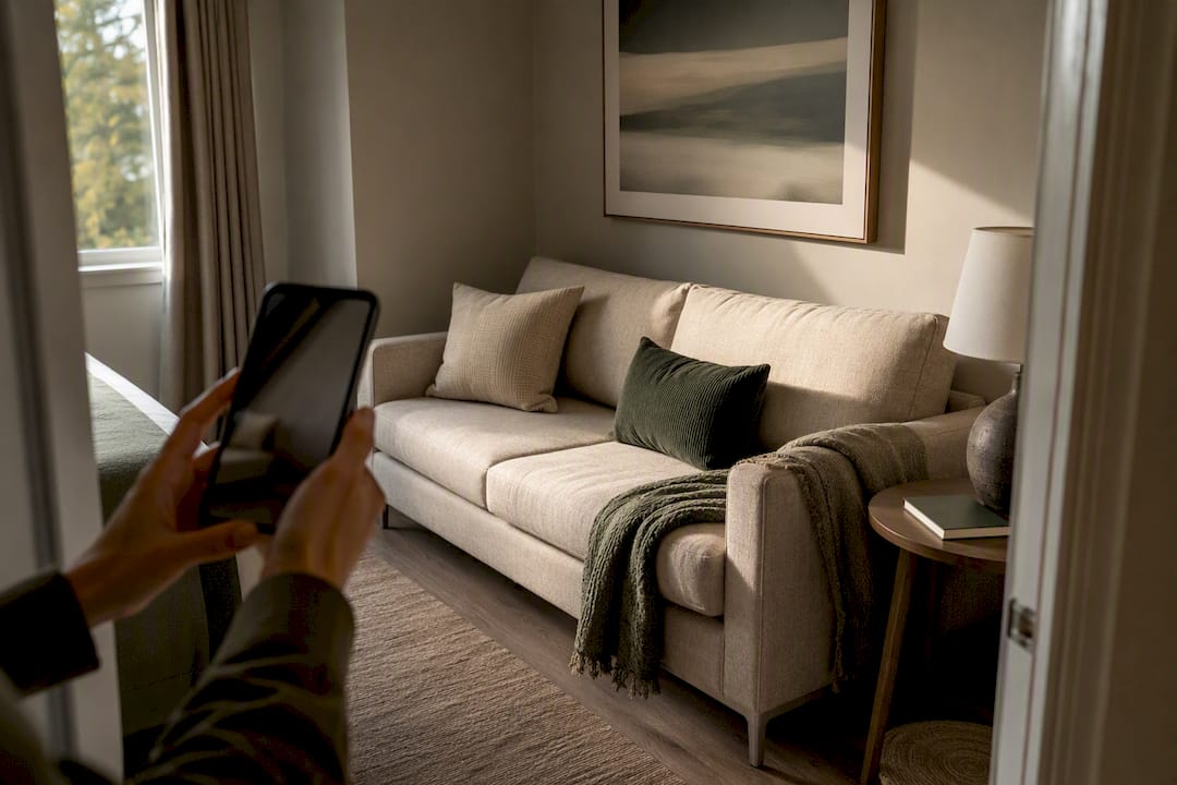 Manager comparing rental room to reference photo
