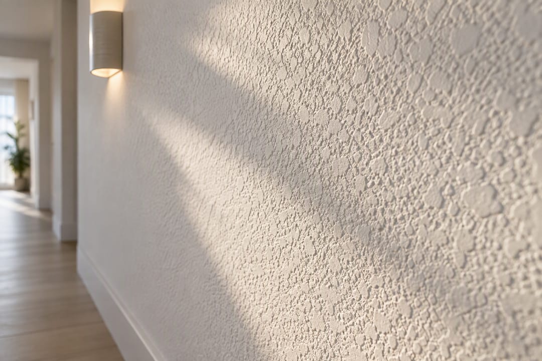 Grazing light across textured white wall