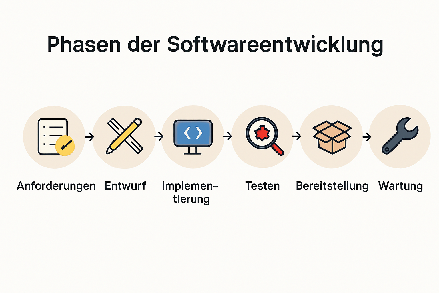 Infografik mit Phasen der Softwareentwicklung, illustriert mit Icons