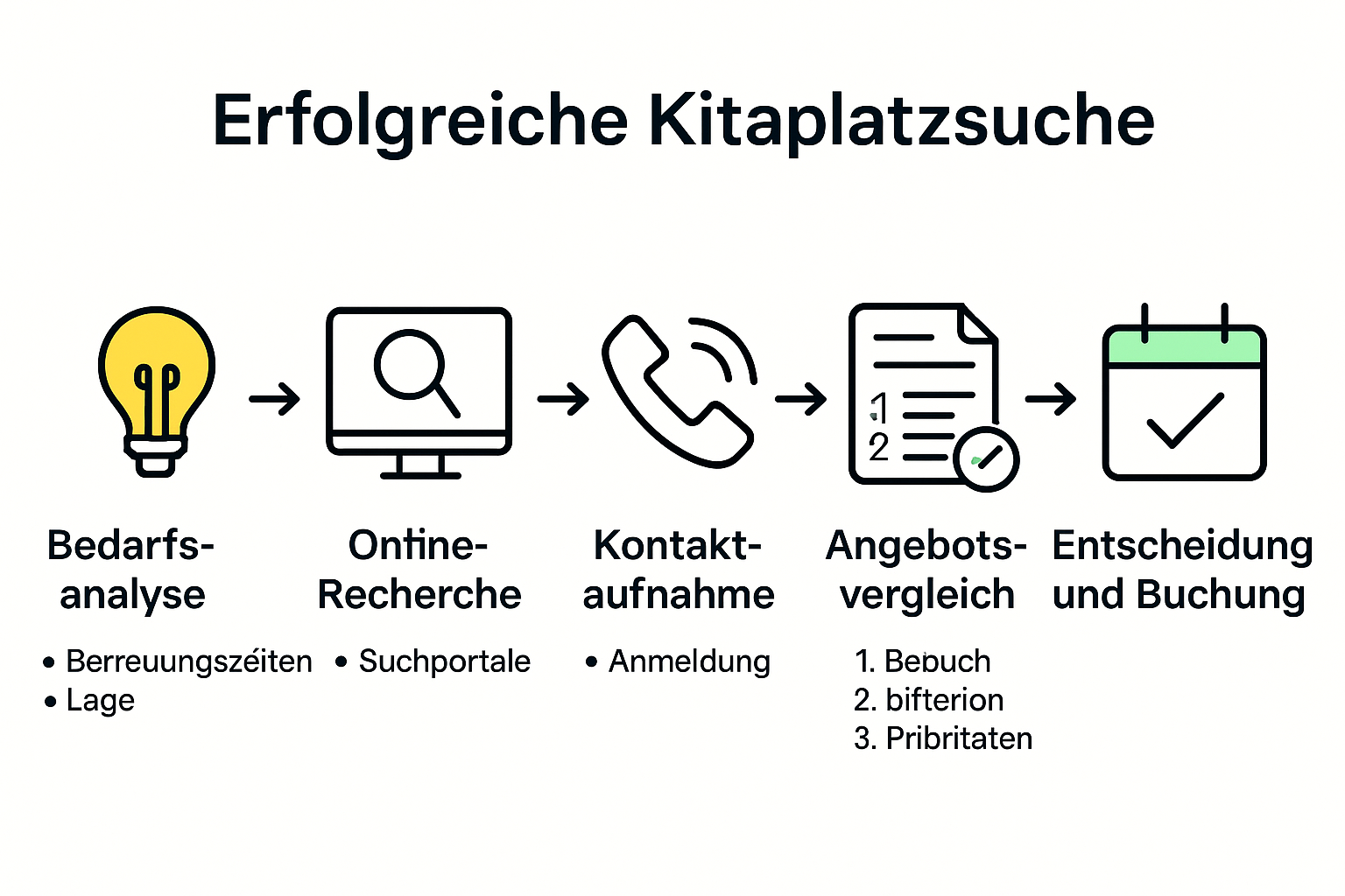 Infographic showing 5 steps of kitaplatzsuche process