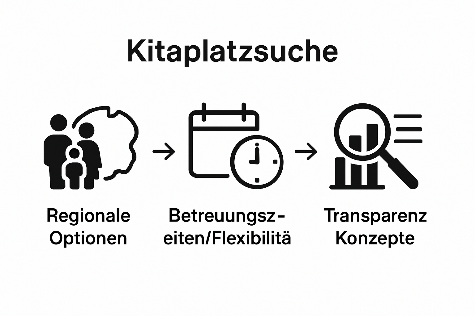 Infographic compares three key factors: regionale Kitaauswahl, Betreuungszeiten, Transparenz