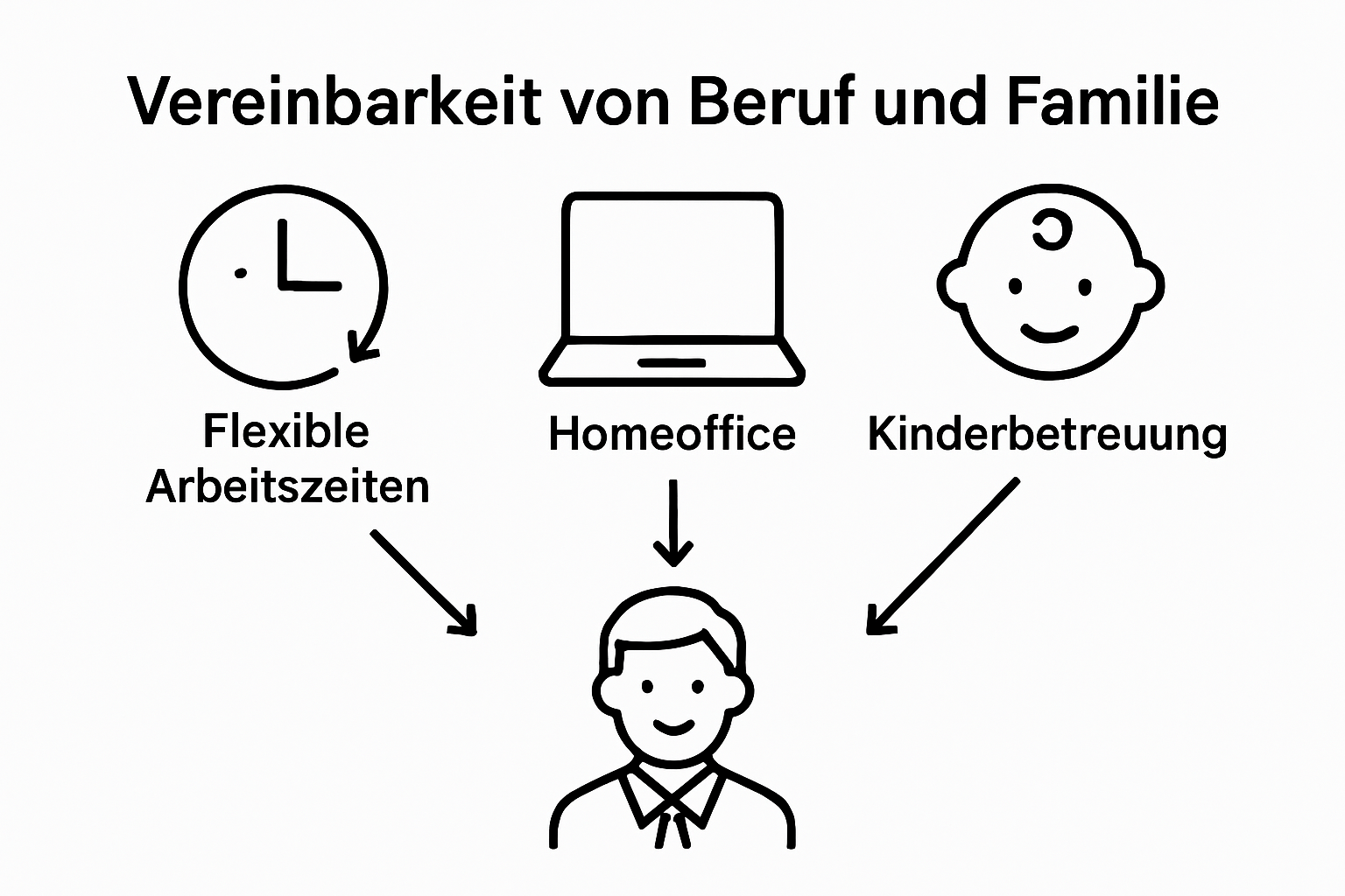 Infographic showing flexible hours, home office, and child care as pillars of work-family balance