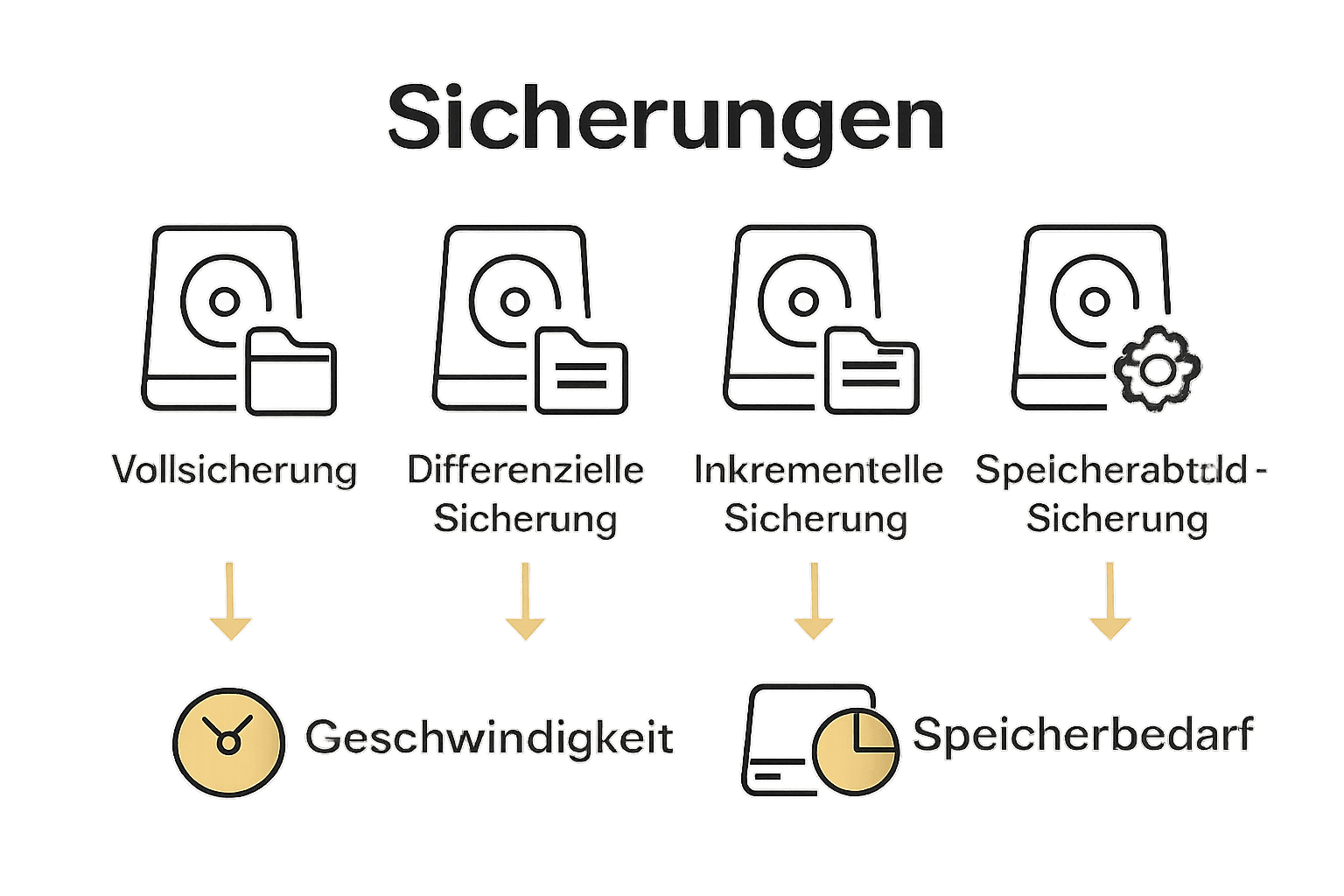 Icons für verschiedene Datensicherungsarten mit Vorteils-Symbolen