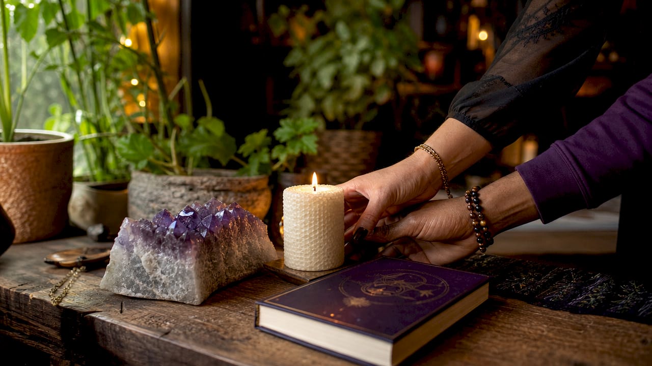Close-up hands lighting candle for tarot meditation