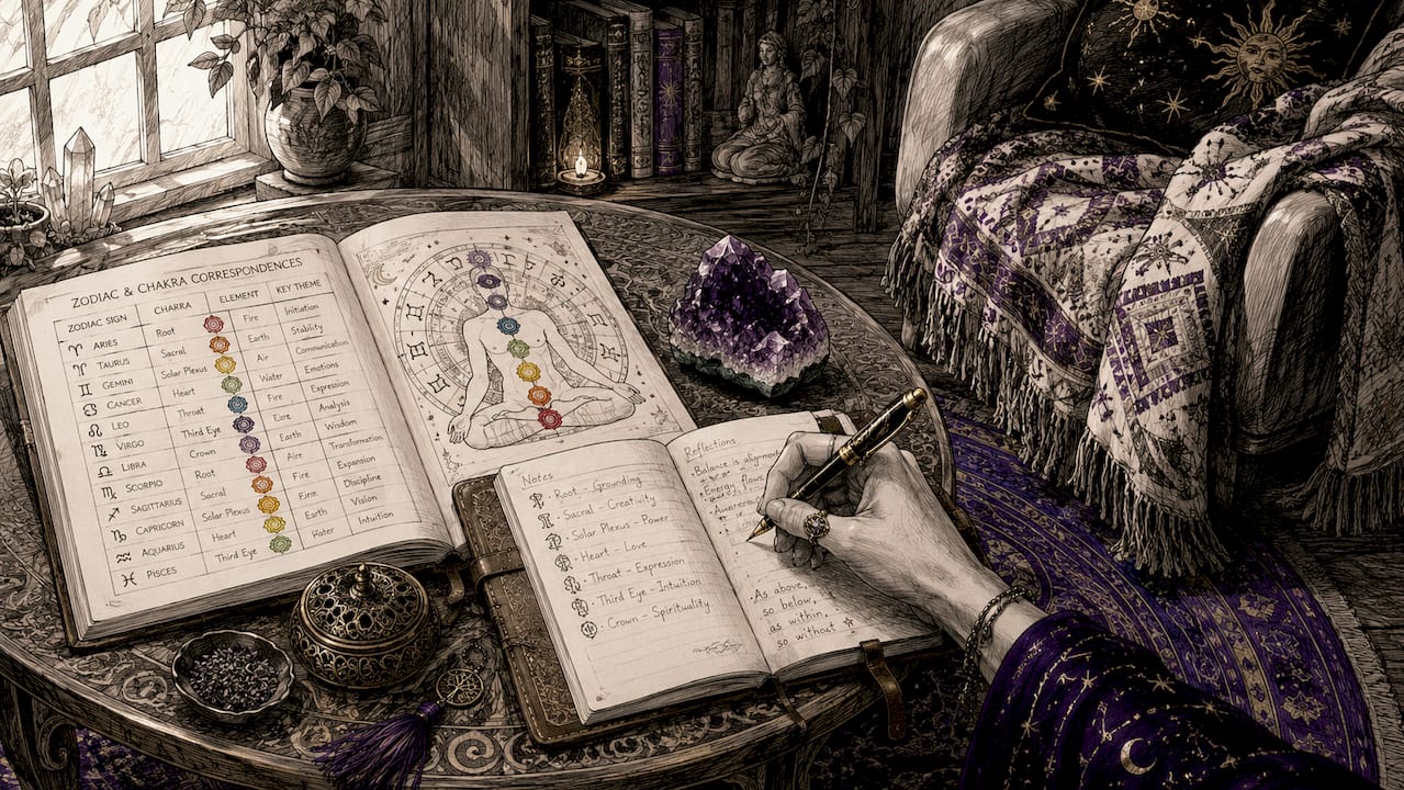 Desk with chakra astrology reference materials