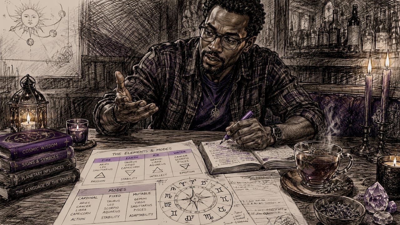 Man analyzing zodiac element traits in café