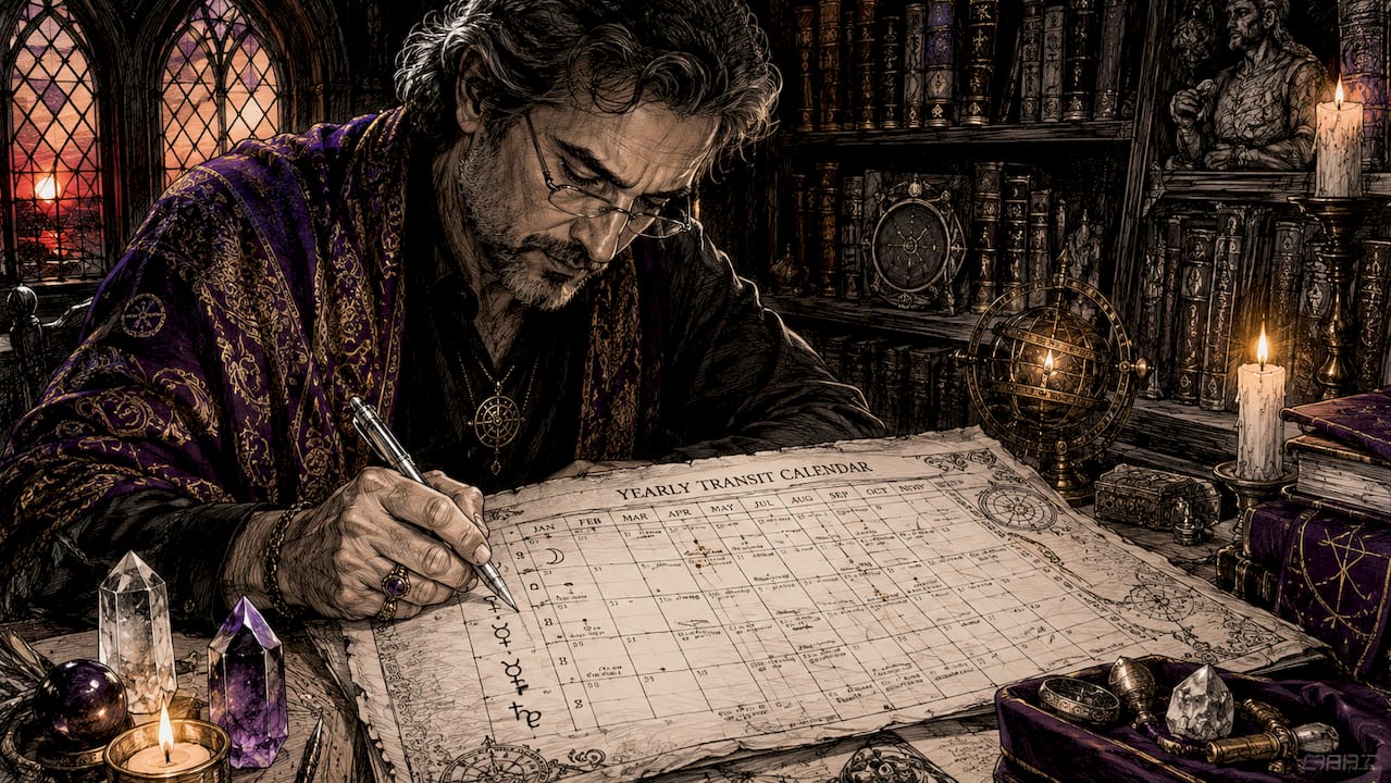 Astrologer marking astrology transit calendar