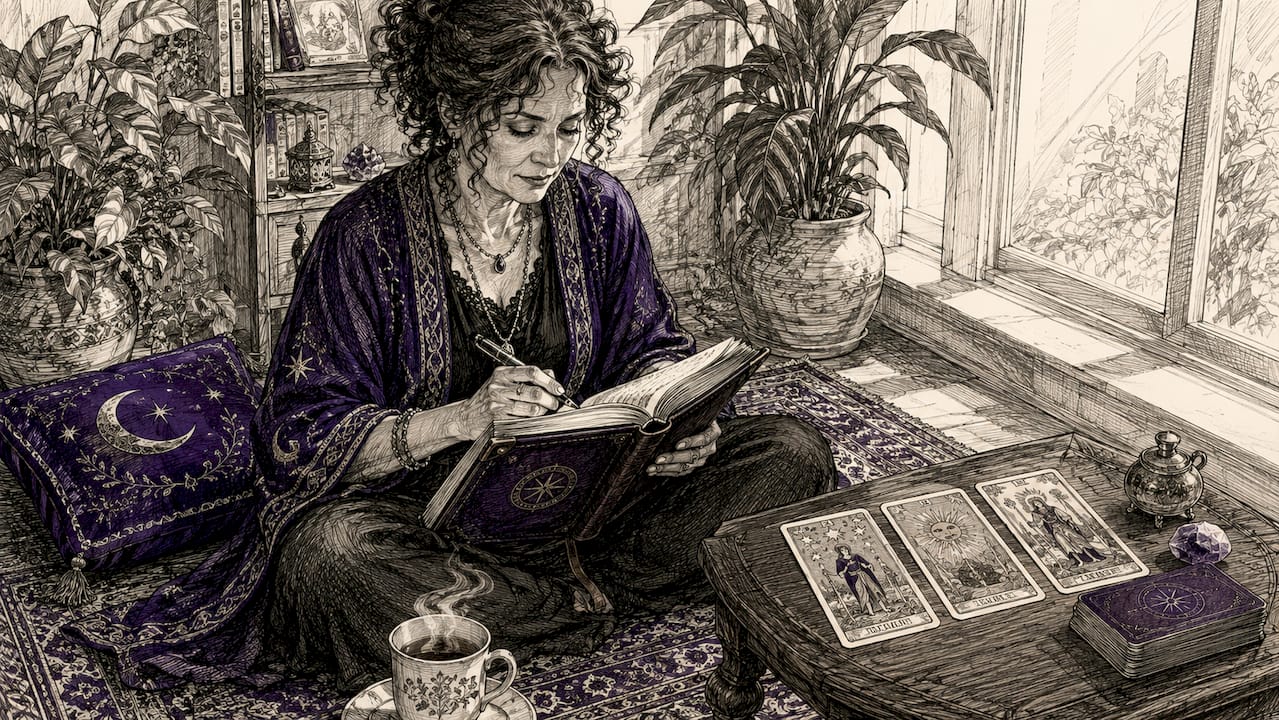 Woman journaling with tarot cards at kitchen table