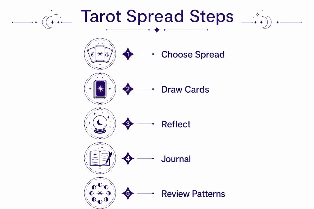 Infographic showing key steps of tarot self-reflection spreads