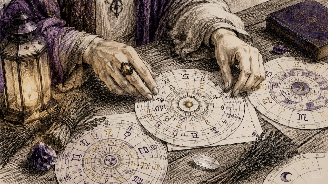 Hands holding a zodiac and planet chart