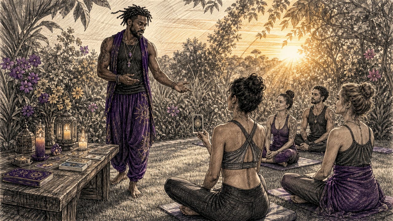 Yoga instructor leading tarot card intention session