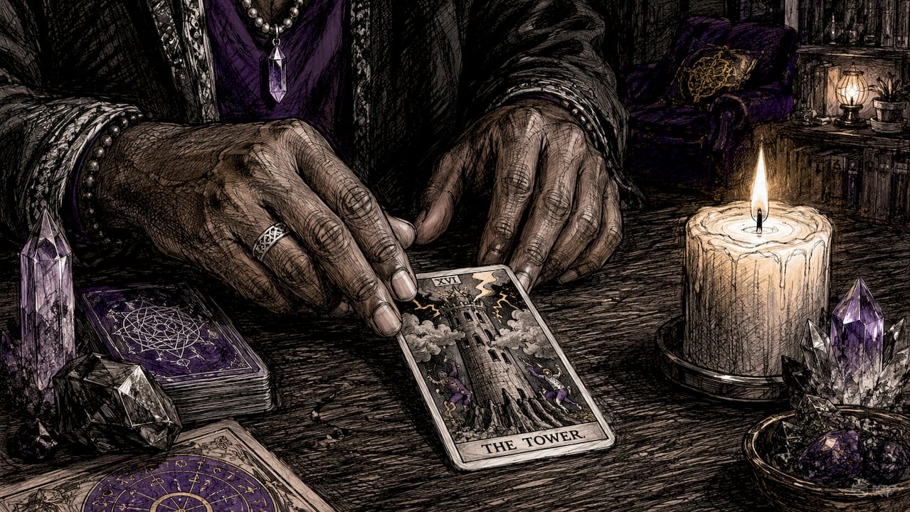 Hands placing tarot card in meditation ritual