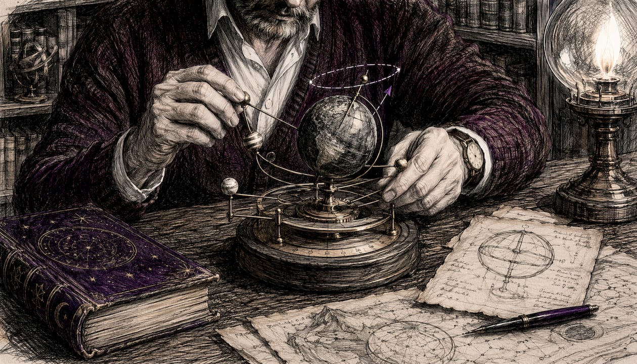 Hands adjusting orrery model demonstrating Earth's precession