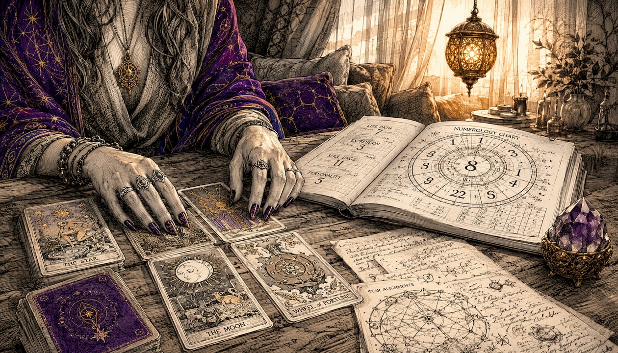 Hands pointing at tarot spread and numerology chart