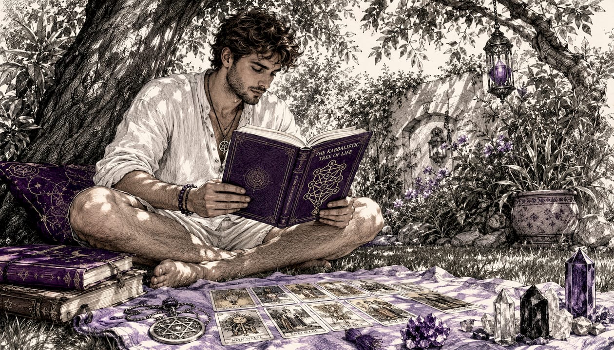 Man studying Kabbalah book with tarot cards