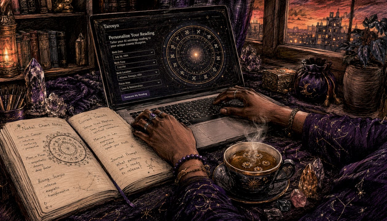 Hands typing AI astrology personalization on laptop
