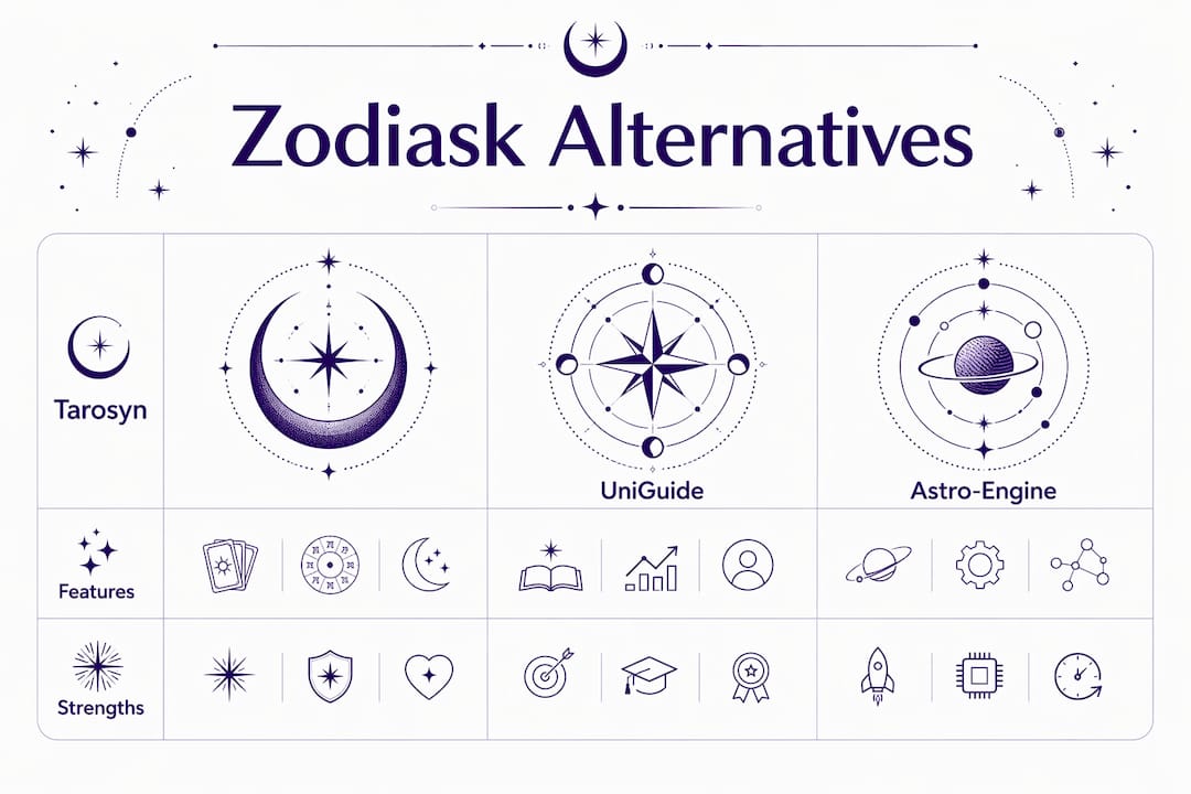 Infographic comparing key Zodiask.com alternatives with features and strengths