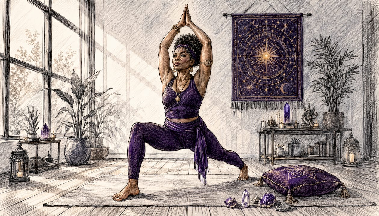 Woman doing Warrior I yoga pose indoors