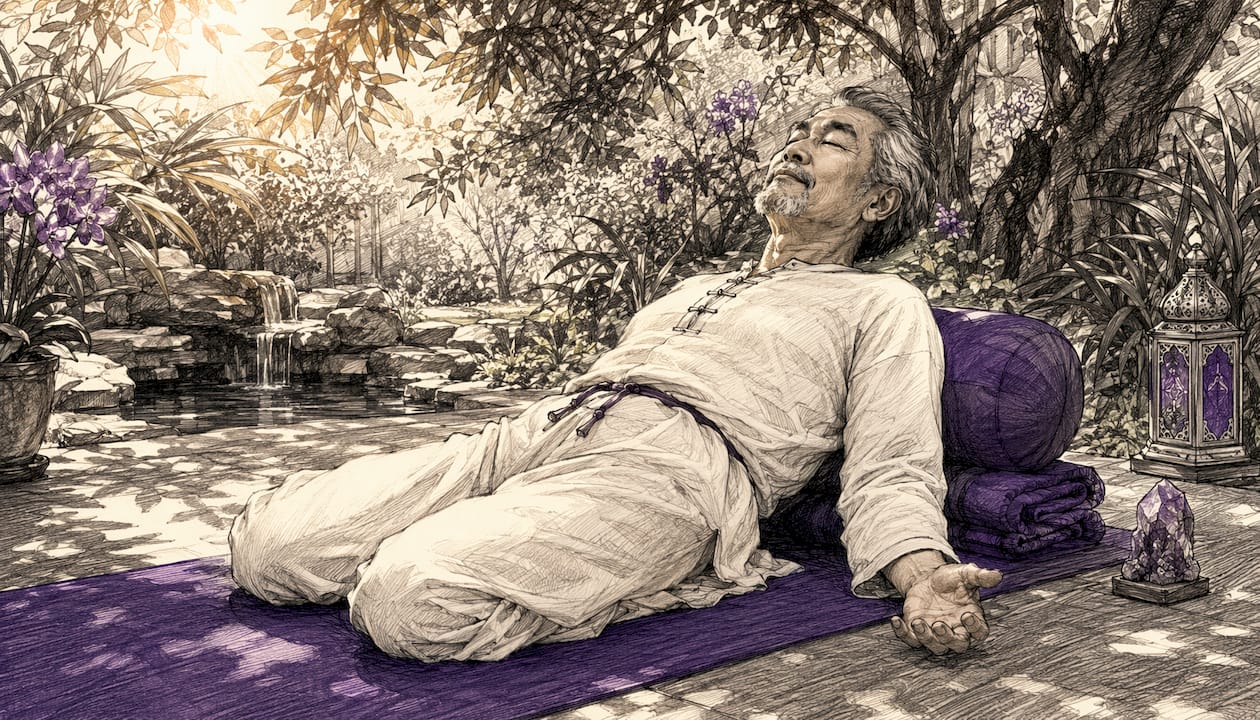Man in restorative yoga pose meditation room