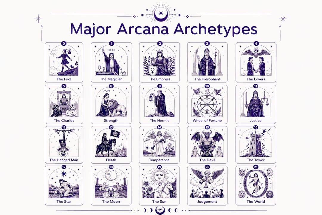 Infographic of Major Arcana tarot archetypes list