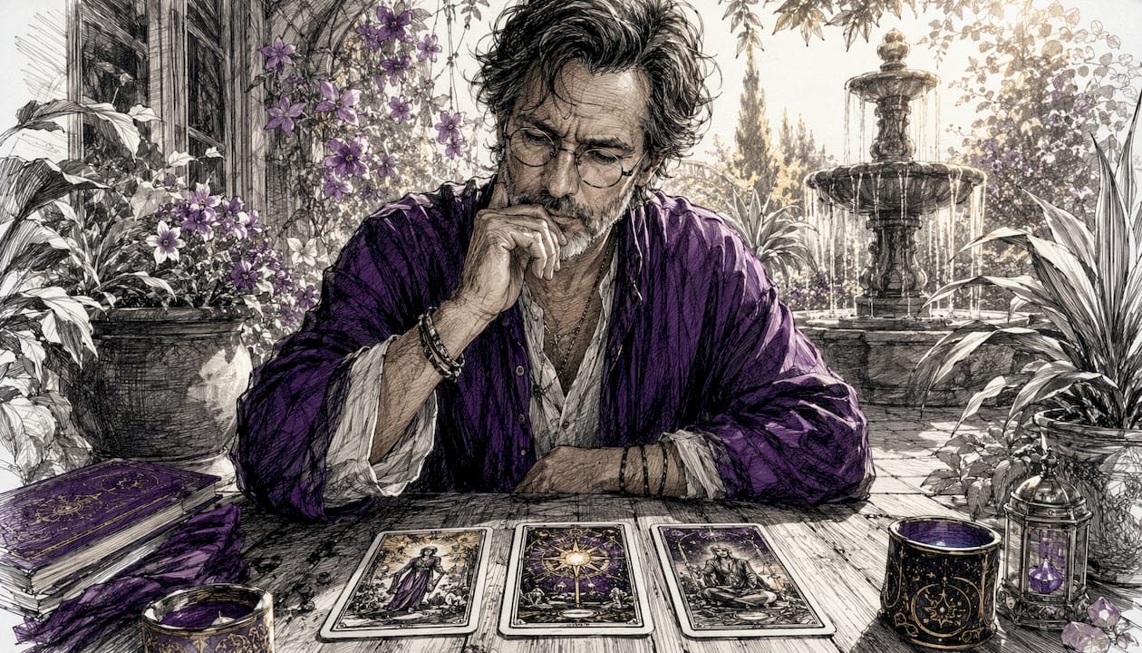 Man reflecting on tarot shadow spread outside