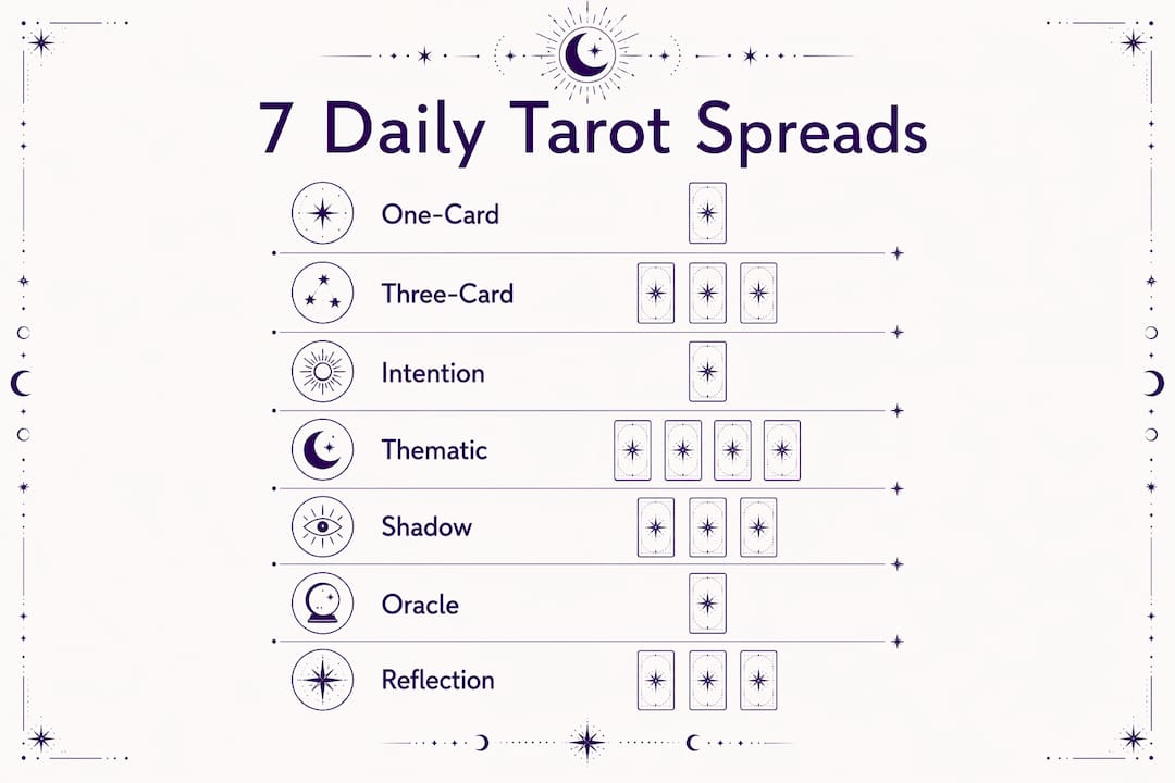 Infographic summarizing seven daily tarot spreads
