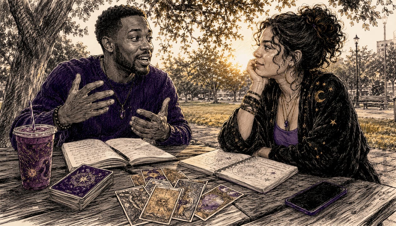 Two people discussing horoscopes in café booth