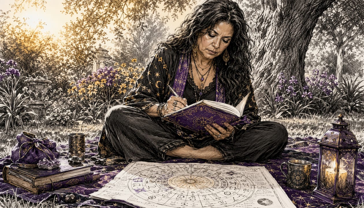 Woman outdoors noting astrology house overlays