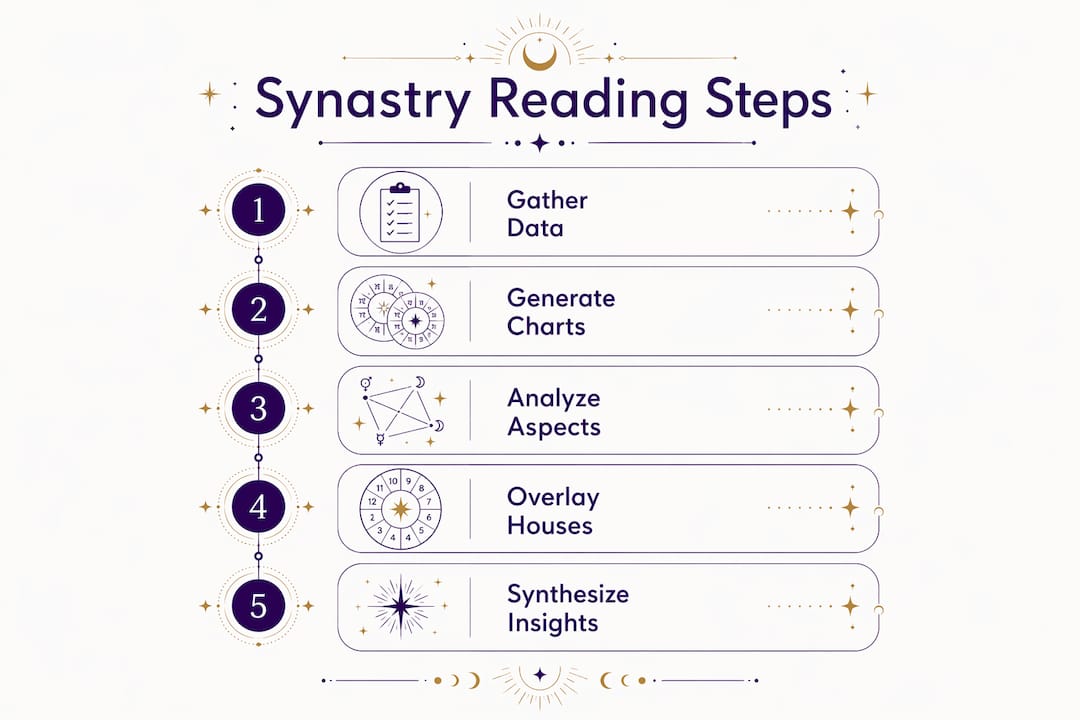 Infographic showing synastry reading process steps