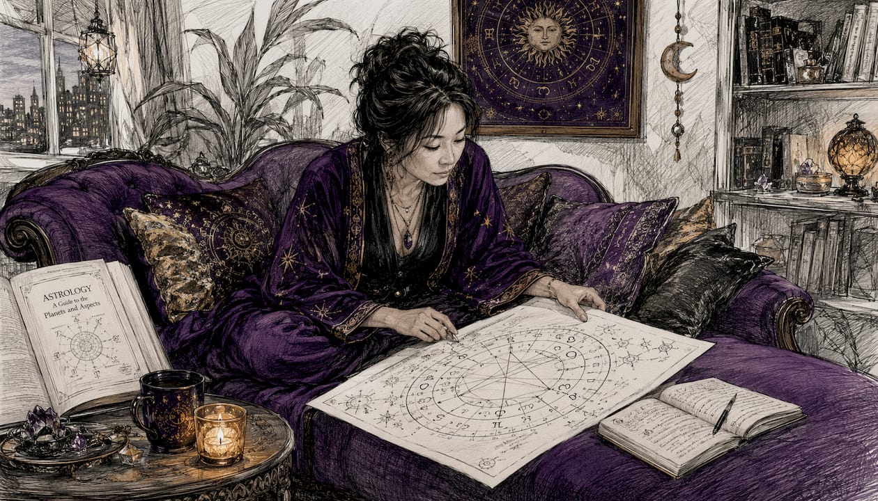 Hands holding detailed astrology transit chart