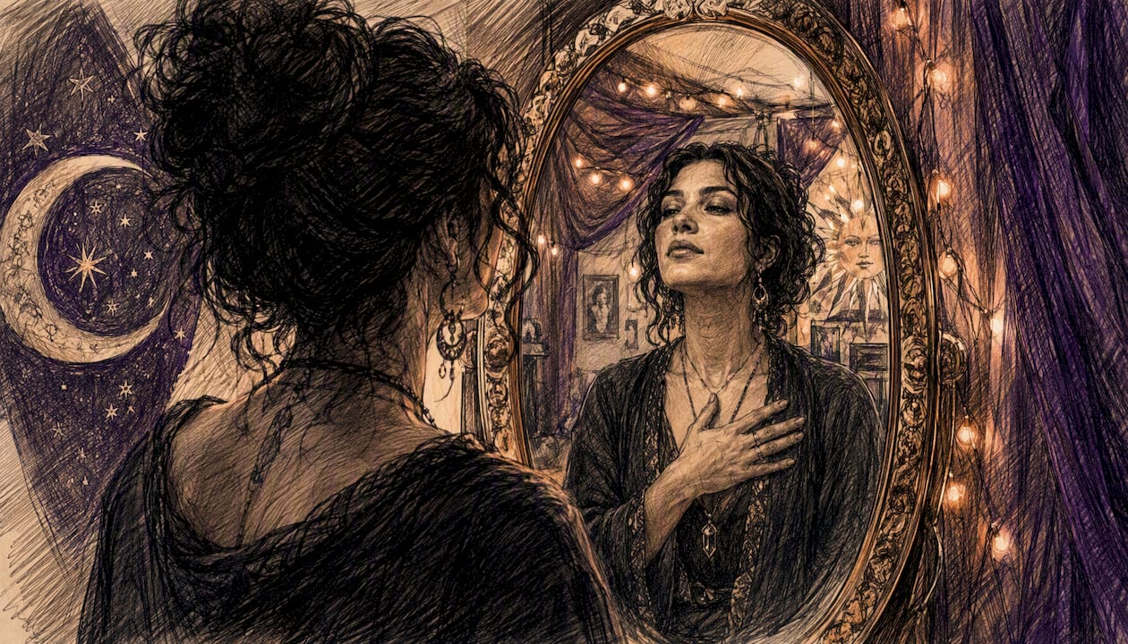 Person speaking affirmation to mirror gently