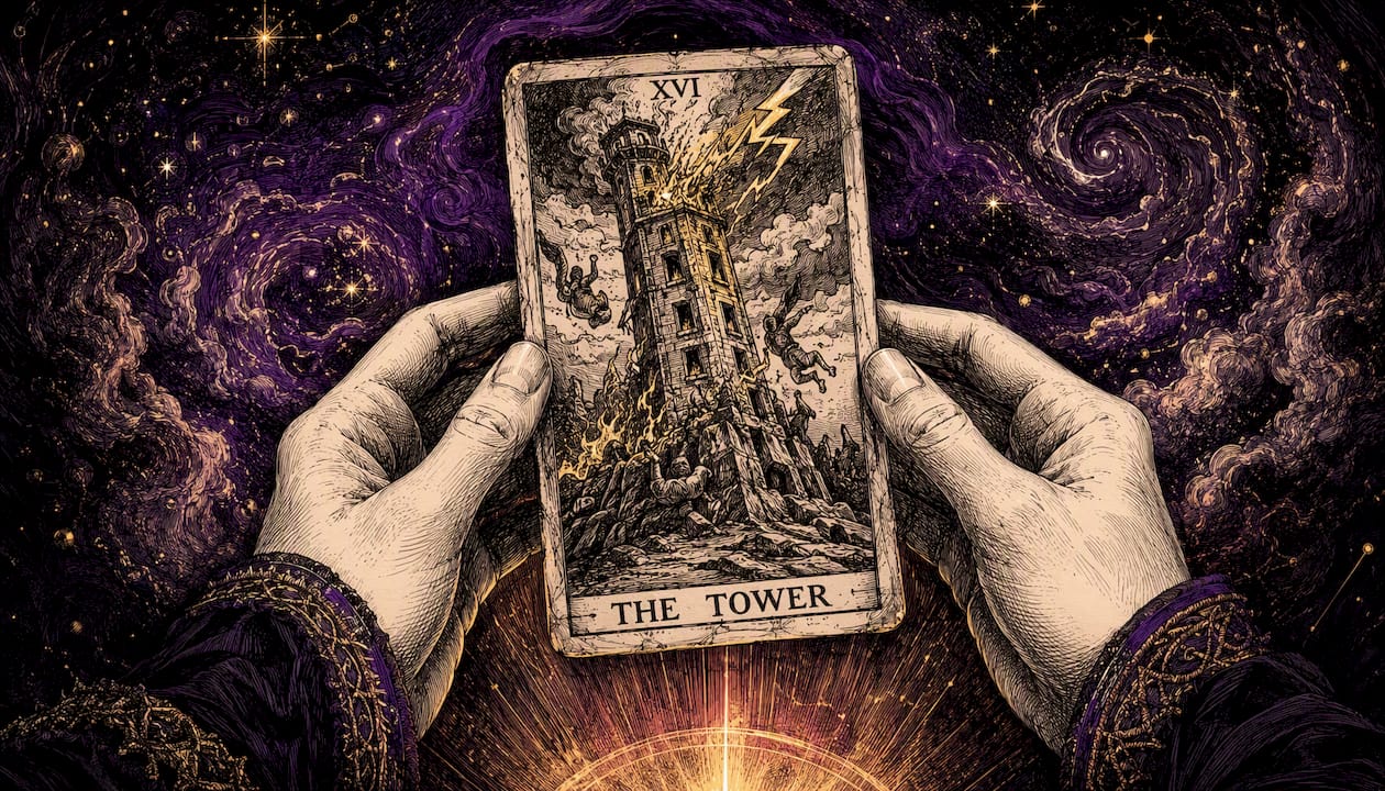 Hands holding The Tower tarot card with cosmic glow