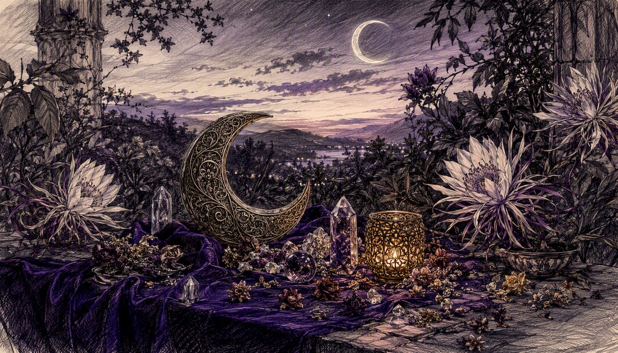 Moon altar with crystals and candle