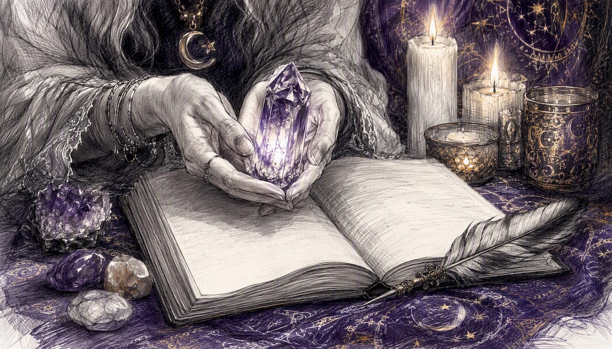 Hands holding crystal over journal at moon circle