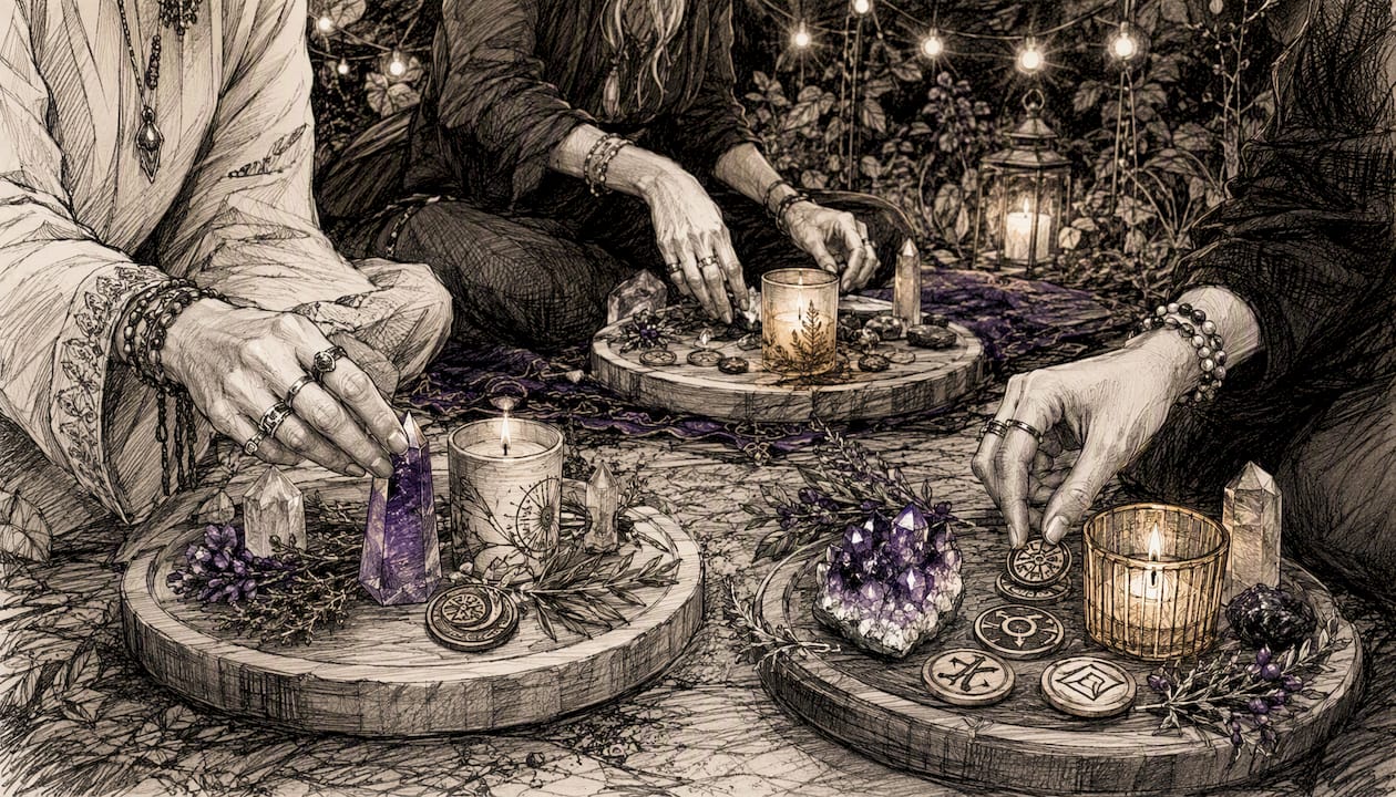 Hands arranging ritual objects in small groups