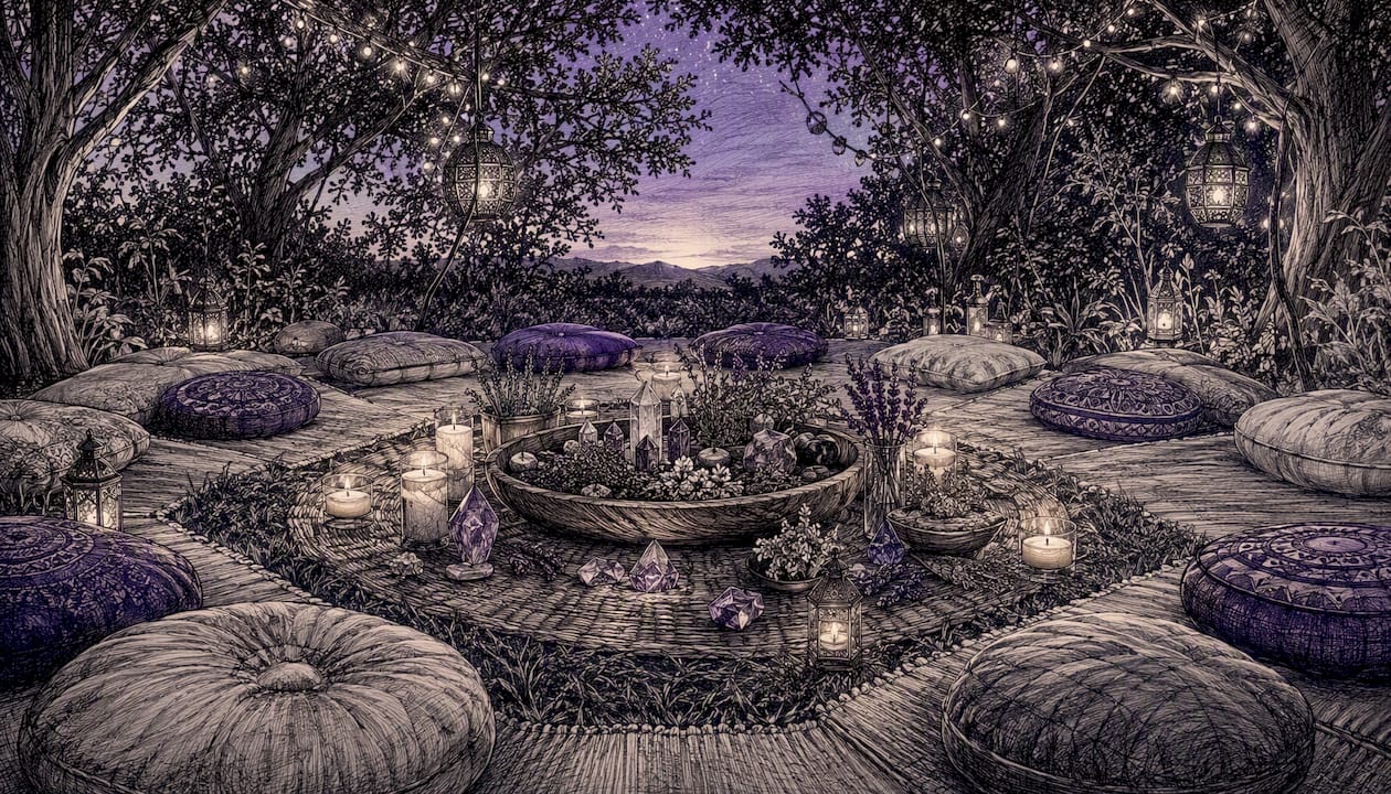 Outdoor seating circle with candles and crystals