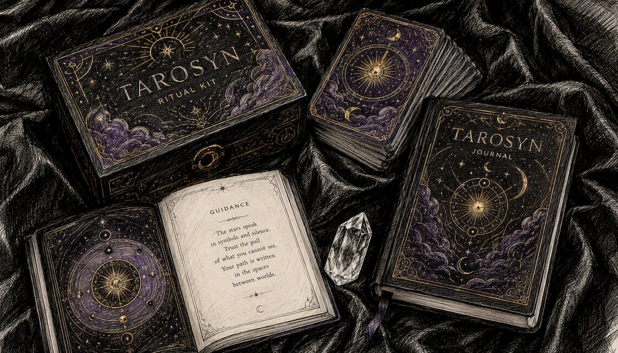 Flat lay of oracle cards, ritual kit, and journal