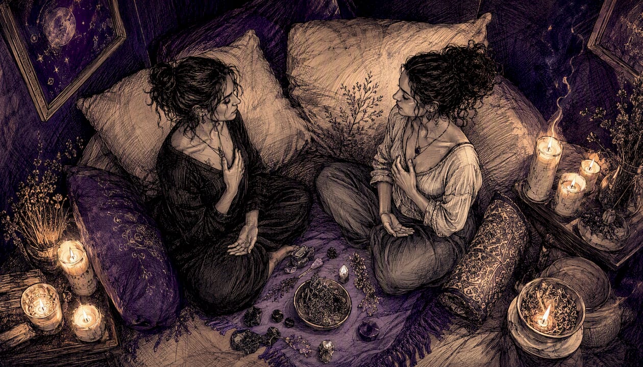 Two women practicing synchronized breath meditation