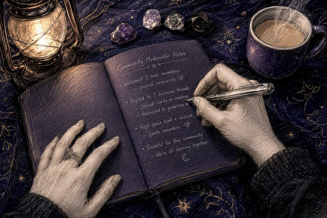 Hands writing notes on dark notebook in mystical setting