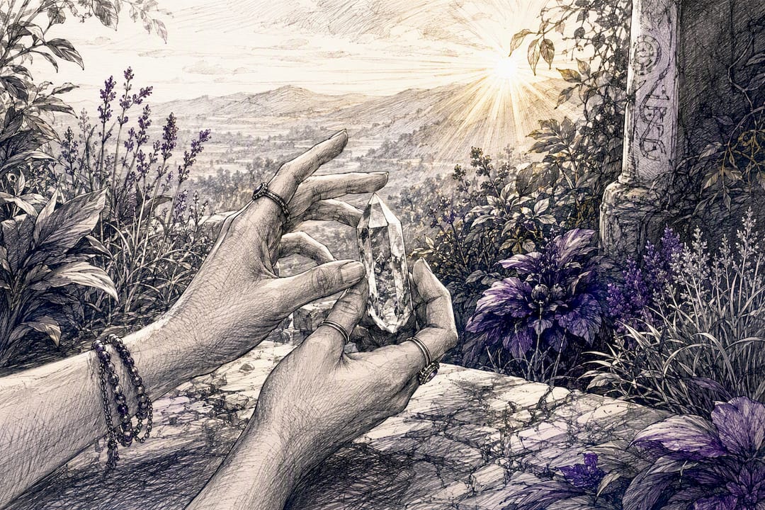 Hands holding smoky quartz crystal in meditation ritual