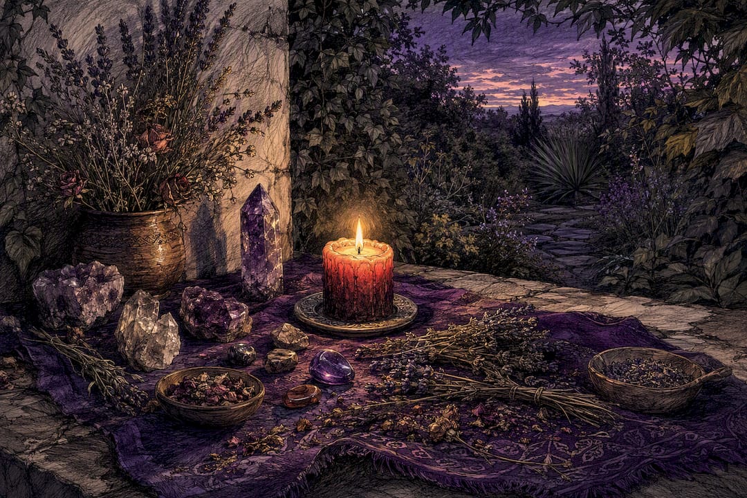 Burning candle with crystals for calm
