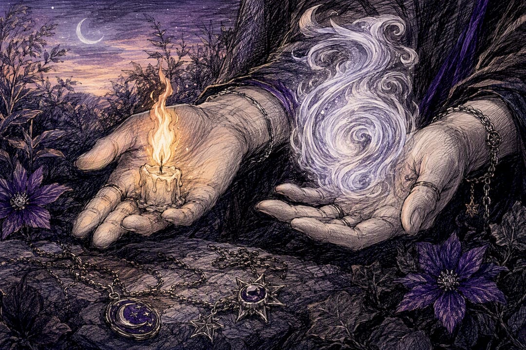 Hands balancing flame and mist elements