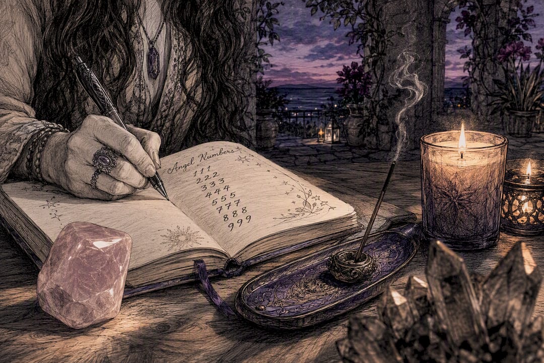 Woman writing angel number log by candlelight