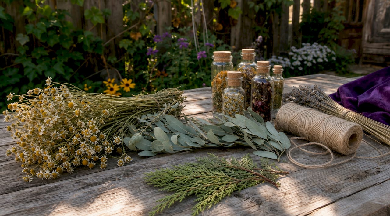 Close-up of botanical ritual tools with herbs and tinctures