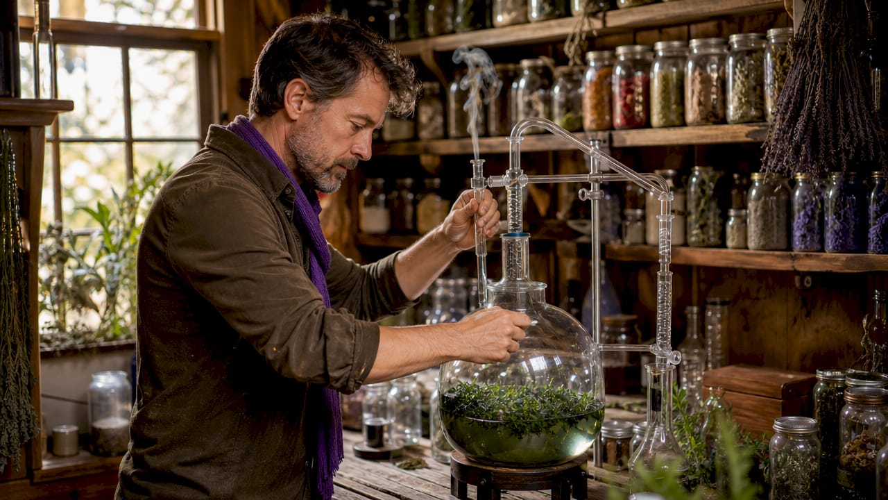 Scientist adjusting botanical distillation apparatus