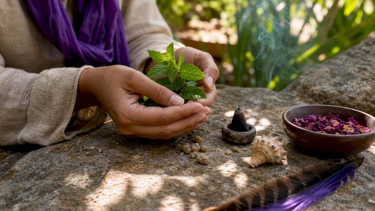 Hands resting on rosemary with sacred herbs