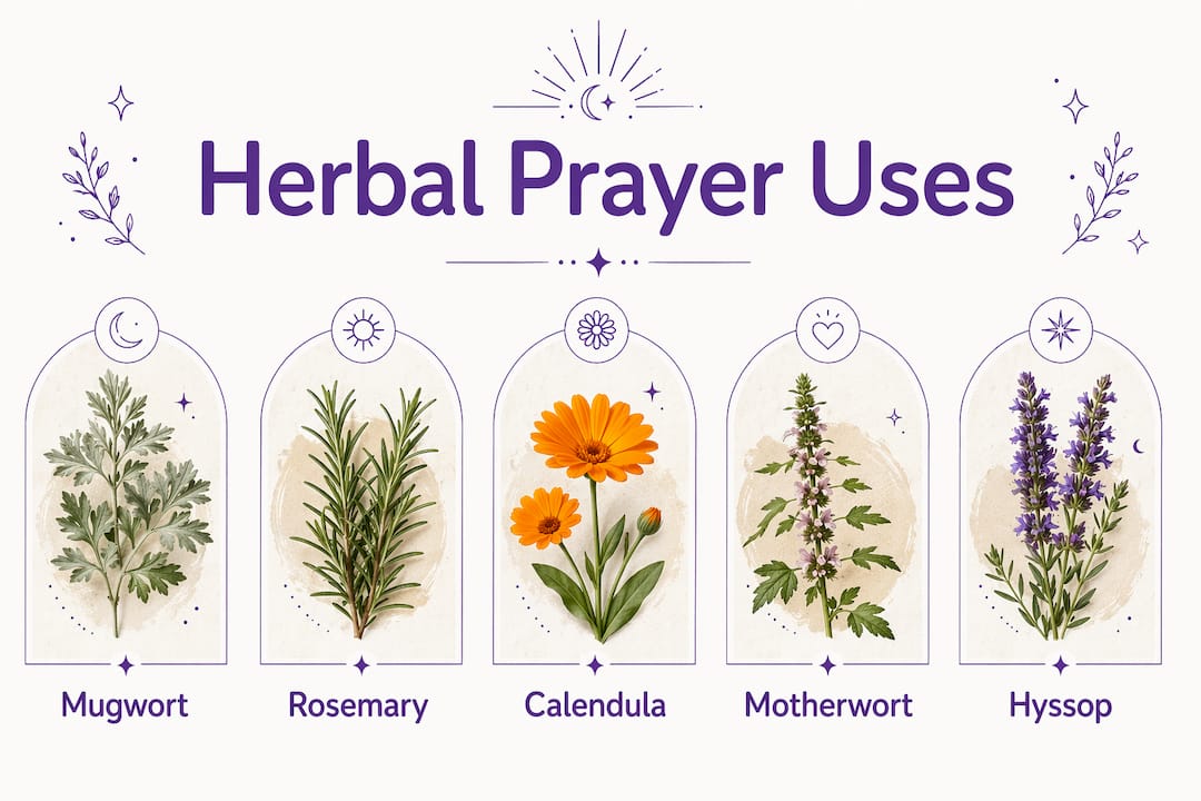 Infographic of key herbs used in prayerful herbal crafting