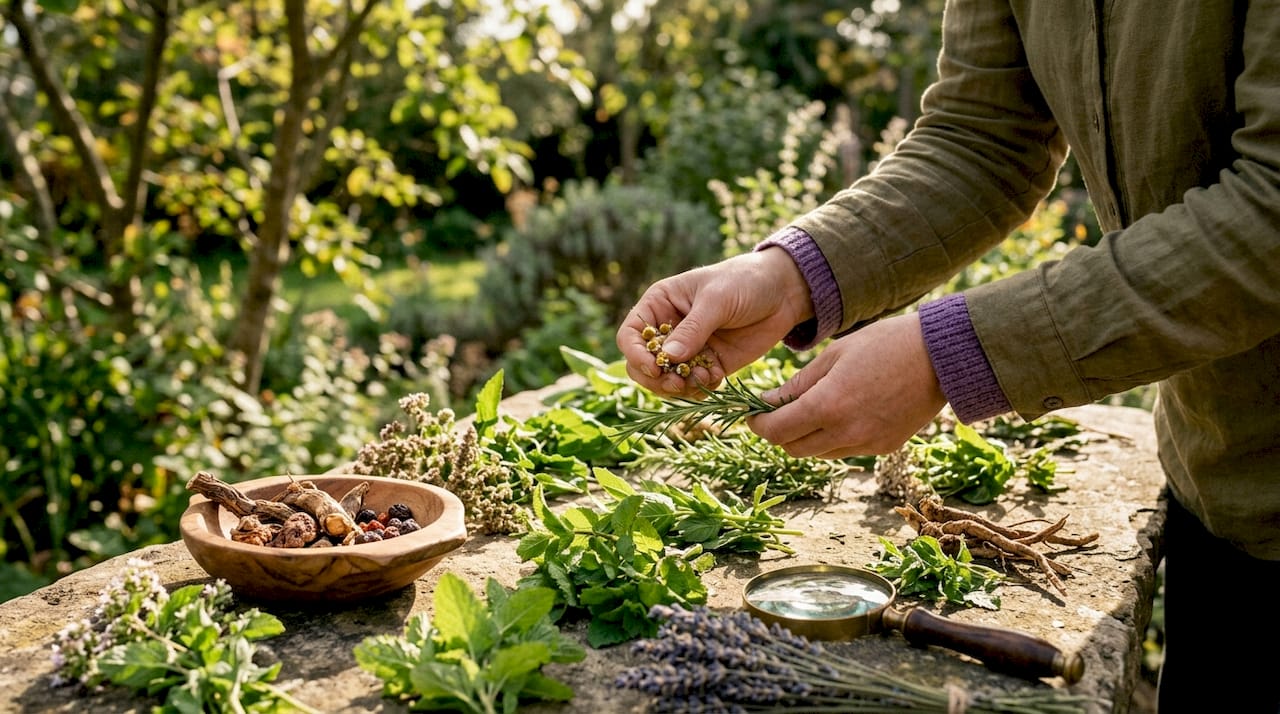 Hands assessing energetic qualities of herbs